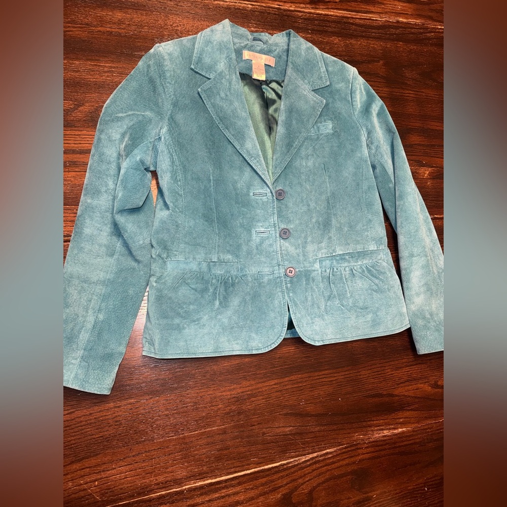 Y2K Vintage Teal Genuine Leather Blazer Jacket Size Small TTS